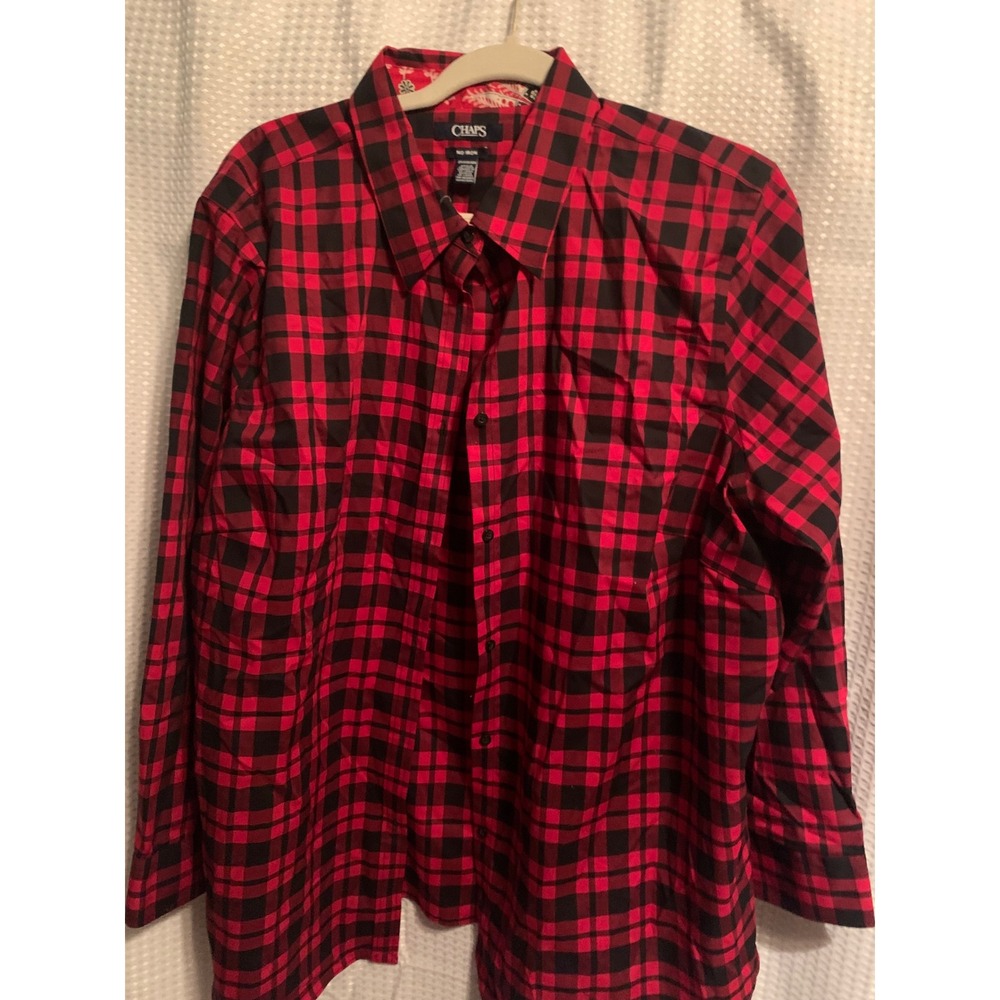 Chaps Womens 2X Red Black Buffalo Plaid Long Sleeve No Iron Button Down Shirt